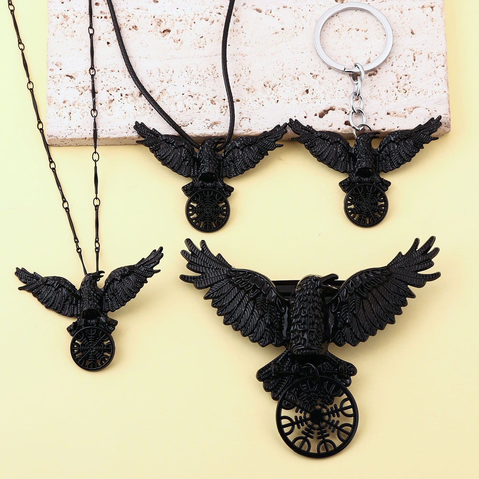 Compass Keychain Mini - Collana vintage con corvo nero vichingo